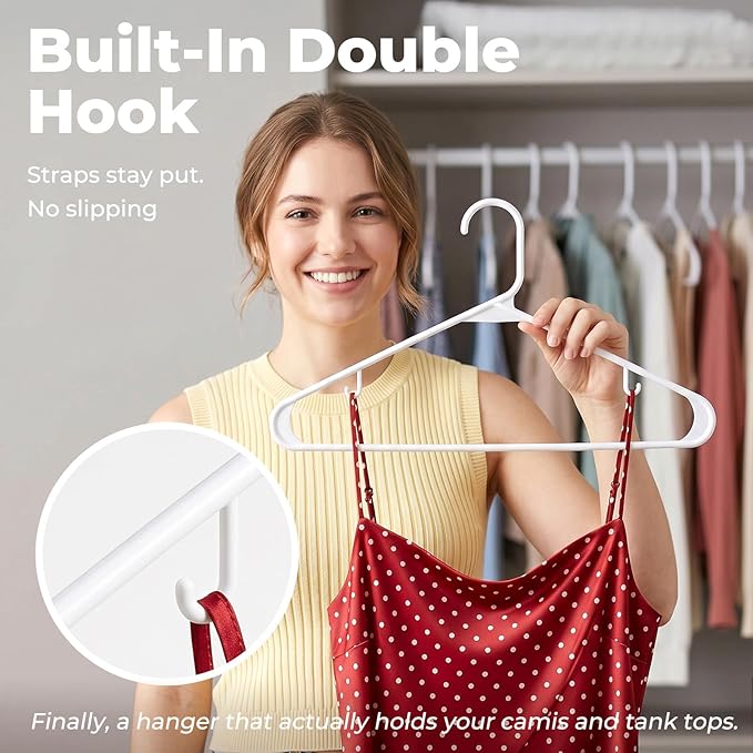 HOUSE DAY Plastic Hangers 20 Pack, Space Saving Clothes Hangers with Built-in Hooks, Durable & Strong Closet Organizers and Storage, Dorm Room Essential, Perfect for Shirts, Coat, Pants, Dress - White