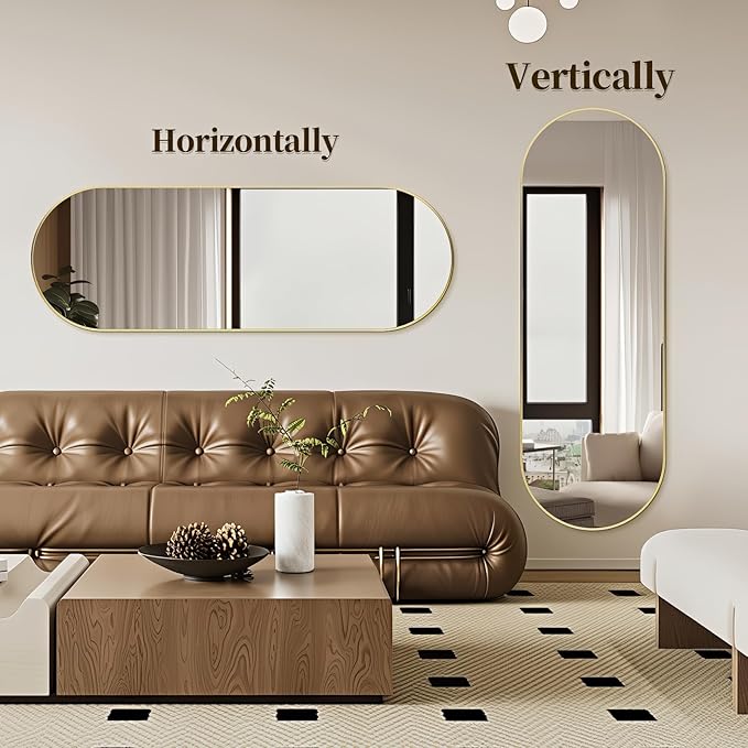 Oval Full Length Mirror, 65"×22" Wall-Mounted Mirror with Gold Frame in Shiny Gold, Ultra-Clear Explosion-Proof Dressing Mirror, Simple & Classic Deco for Cloakroom/Bedroom/Living Room