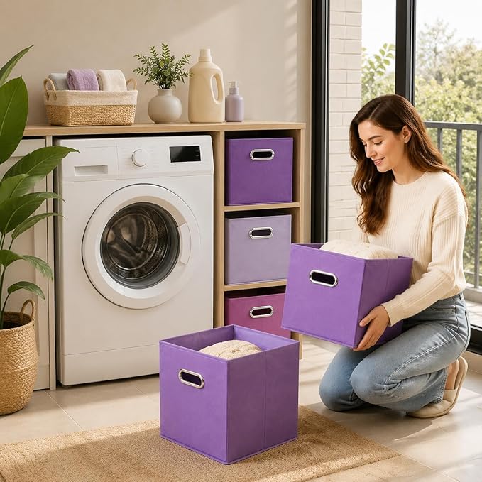 6 Pack Storage Bins, 10.4 x 10.4 x 11 Inch Foldable Fabric Storage Cubes with Metal Handles for Shelves, Closet, Clothes, Toy(Dark Purple)