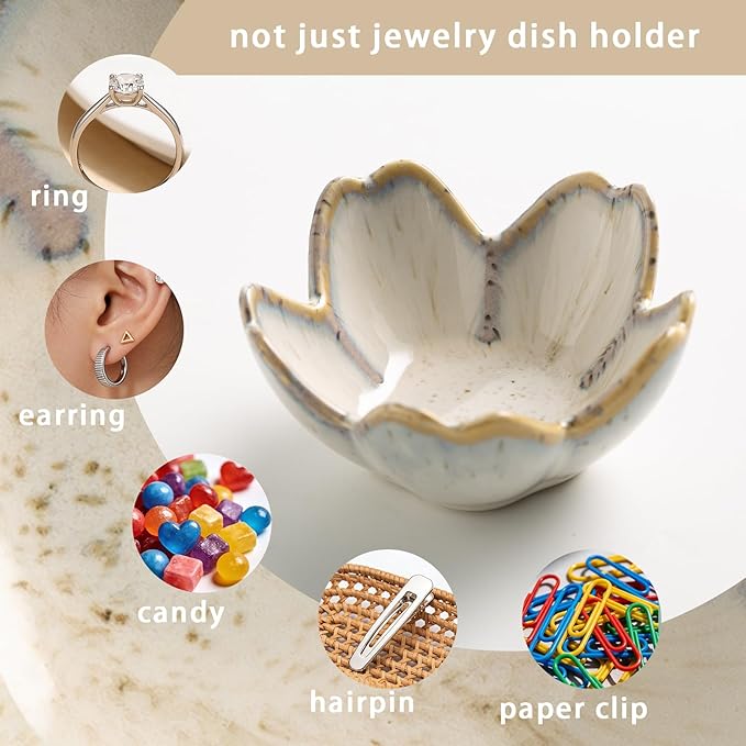 Mecaikru Flower Jewelry Tray Ceramic Ring Dish Jewelry Dish Small Trinket Tray Cute Ring Holder Key Bowl Decorative Plate Gifts For Mom/Sister/Friend, Birthday/Mother's Day/Christmas Gift (grey)