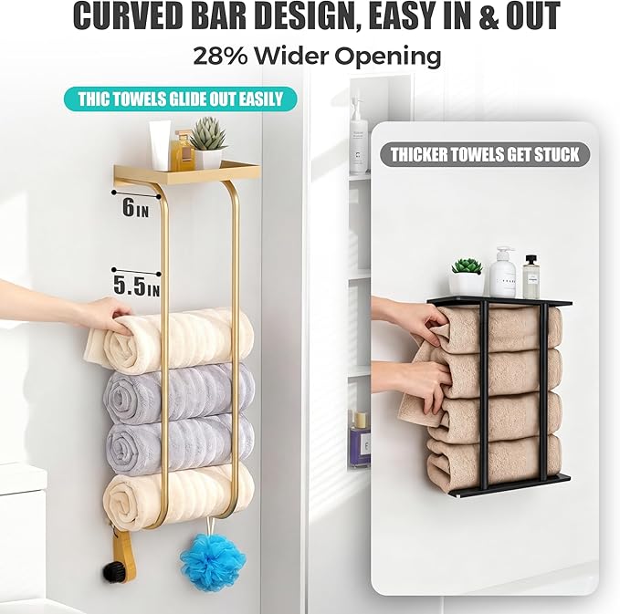 31" Towel Racks for Bathroom, Heavy-Duty Stainless Steel Holds 6 Large Rolled Towels,Wall Mounted Towel Holder with Shelf & Hooks,Extra-Wide Opening Wall Storage for Small Bathroom, Brushed Gold