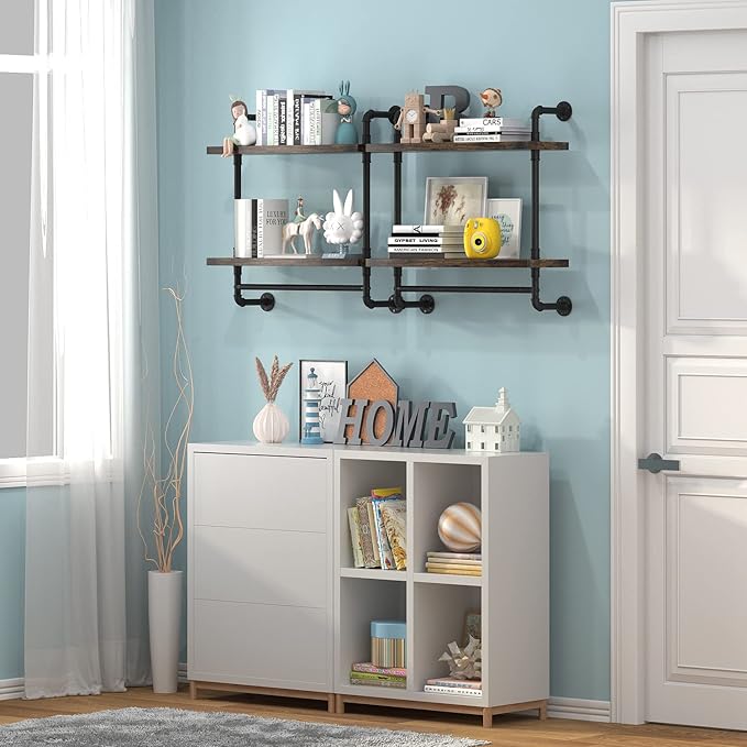 Helsin 24inch Industrial Pipe Shelving Bathroom Shelves Wall Mounted with Towel bar, 2 Tier Rustic Wood Floating Shelf, Metal Towel Rack Wall Shelf for Home & Bathroom (Brown, 24inch)