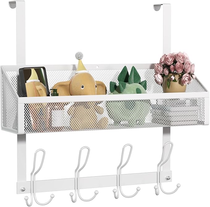 Over Door Hook Organizer, 12 Hook Over The Door Organizer with Mesh Basket - Back of Door Storage Towel Rack Space Saving Storage Organizer for Bedroom, Bathroom, Kitchen, Pantry, White