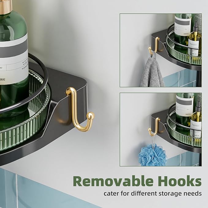 akinbas Shower Caddy Tension Pole with 4 L-Lazy Susan Organizer 360 Rotating 35-128 Inch No Drilling Floor Standing Shelves Adjustable Shower Rack for Bathroom Corner (Black+Green)