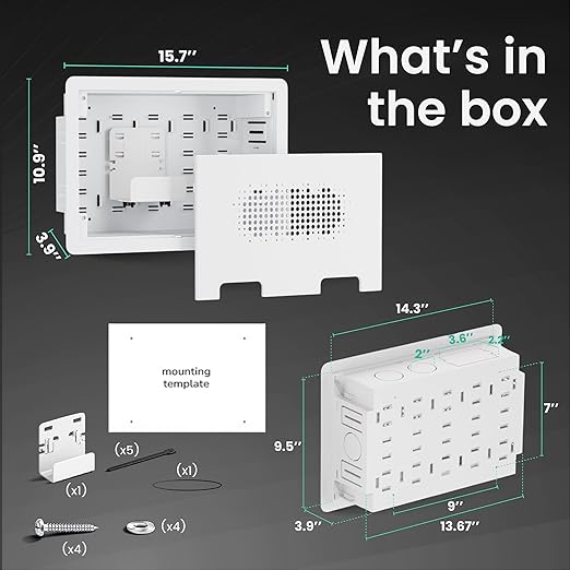ynVISION.DESIGN 9" Recessed in-Wall Media Box - Flush Mount AV Cable Management Box & Cord Hider with Adjustable Shelf, Cable Straps & Vented Cover - Compatible with Apple, Roku TV, Fire TV & More