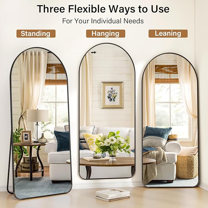 Arched Full Length Mirror 64"x 21" Floor Standing Body Mirror with Round Corner, Leaning Hanging for Bedroom Cloakroom Living Room Black