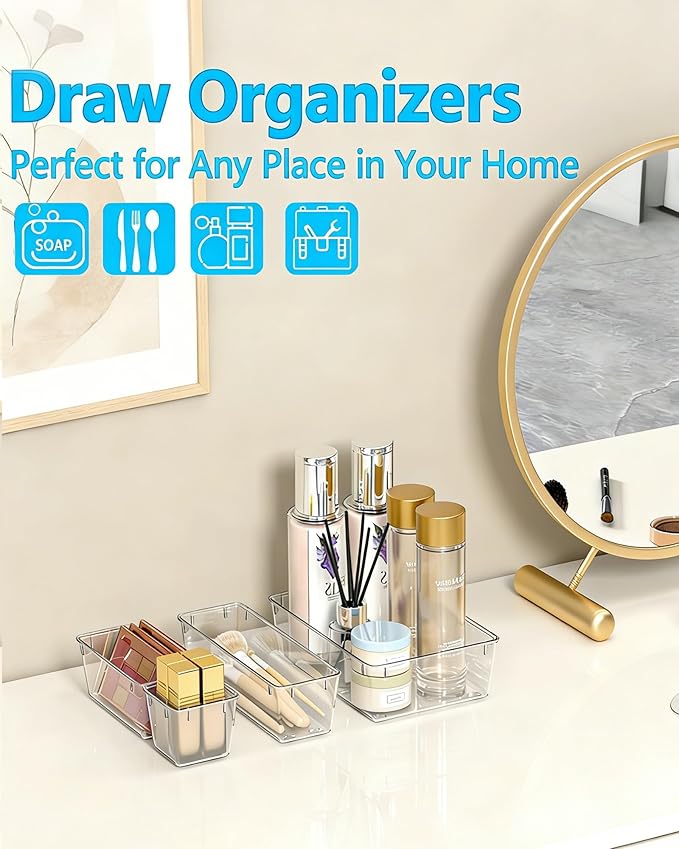 44 Pcs Makeup Drawer Organizer Set, 4 Sizes Versatile Vanity Drawer Organizer for Makeup, Non-Slip Desk Organizer Trays for Bathroom, Bedroom, Office, Fits Jewelry and Office Supplies