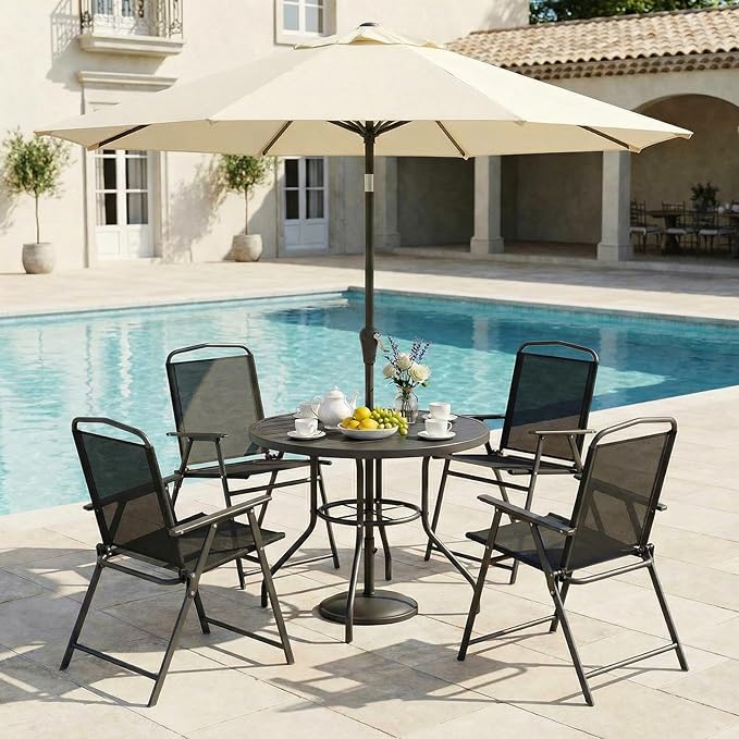 TLSUNNY Patio Folding Chairs Set of 4, Portable Dining Lawn Chairs, Outdoor Folded Furniture W/Breathable Textilene & Steel Frame, Armrests & Crossbar, All Weather for Pool, Camping (4, Black)