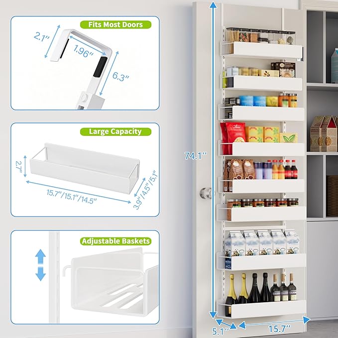 Over the Door Pantry Organizer, 8-Tier Pantry Door Organization and Storage, Hanging Door Spice Rack Metal Shelving, Seasoning Organizer, Door Organizer Home & Kitchen Bedroom Bathroom, White