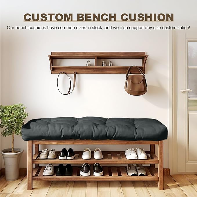 Bench Cushion 47 inches,Indoor/Outdoor Non-Slip Tufted Cushions, Premium Waterproof Linen, Soft Piano Sofa Cushions, High-Density Memory Foam(Black-47x19x4in)
