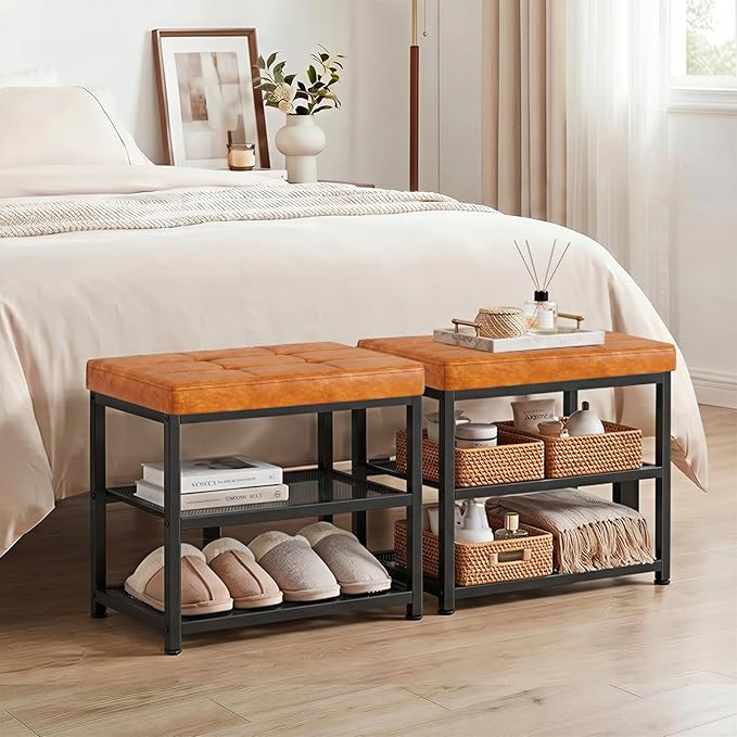 Small Shoe Storage Bench with PU Leather Seat Cushion, 3-Tier Freestanding Shoe Rack Organizer for Entryway, Heavy-Duty Metal Mesh Shelves, Supports Up to 300 lbs, Brown (15.7"x11.4"x17.5")