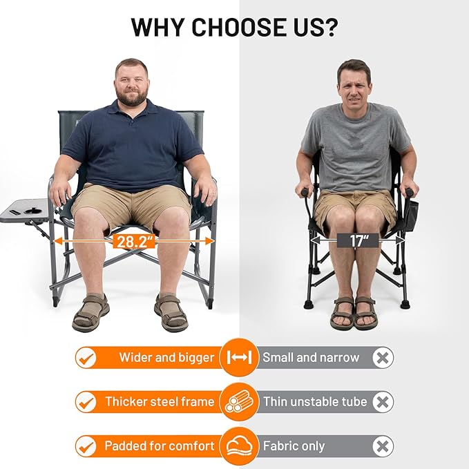 Timber Ridge XXL Director’s Chair – Heavy Duty Folding Camping Chair for Adults, 500lb Capacity, Extra Wide Padded Seat for Camping, Sports, Lawn, Courtyard, and Outdoor Use, Grey