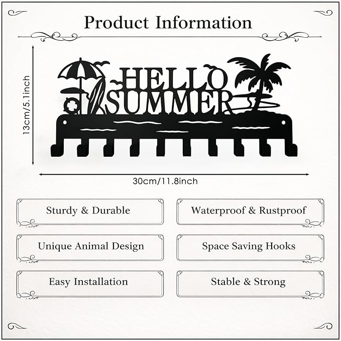 Metal Key Holder Wall Mount, Coastal Tropical Key Rack Hooks, Hello Summer Beach Wall Art Organizer for Entryway, Kitchen, Hallway, Garage, Farmhouse Home Decor & Housewarming Gift (Hello Summer)