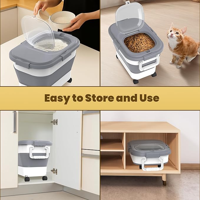 HOYTAMDA18-25lbs Rice Container,Collapsible Airtight Food Storage Containers with Wheels,Handle,Rice Storage Container with Small Bin and Scoop,Rice Dispenser for Flour Sugar Cereal Grain Dog Cat