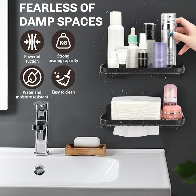 FAYYGYH 2 Pack Adhesive Floating Shelves No Drill Small Floating Shelf for Wall Storage Damage-Free Wall Mounted Organizer for Bathroom, Kitchen, Bedroom & Office (Black)