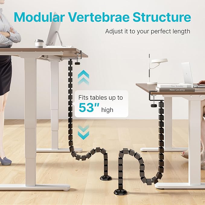 PEGZONE Under Desk Cable Management Spine – Flexible Cable Snake Organizer for Standing Desk, No Drill Clamp-on Vertebrae Wire Management for 0.4"-2" Table, Black