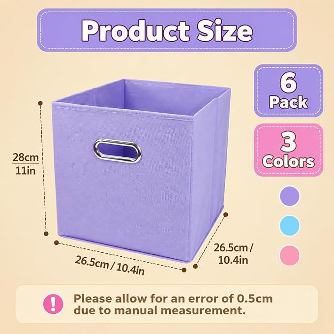 6 Pack Storage Bins, 10.4 x 10.4 x 11 Inch Foldable Fabric Storage Cubes with Metal Handles for Shelves, Closet, Clothes, Toy(Multicolor)