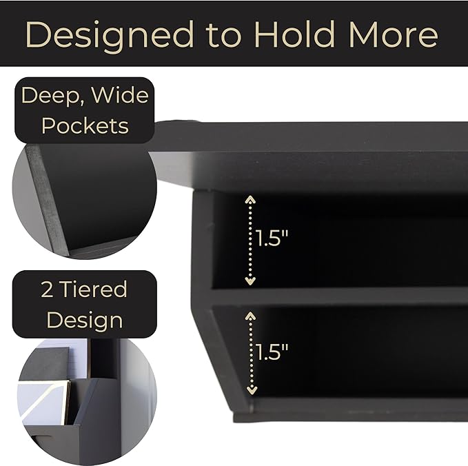 BLU MONACO | Wall-Mounted Mail and Key Holder in Grey Wood | Two-Tier Mail Organizer with Gold Hooks | Entryway Command Center for Home or Office