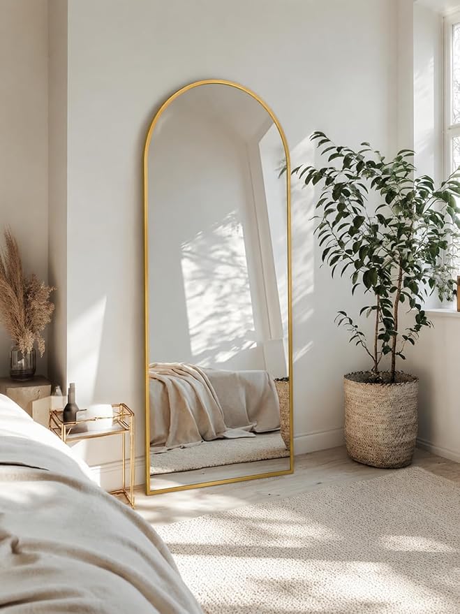 Full Length Mirror with Stand, 56"x14" Arched Full Body Mirror, Large Stand Up Aluminum Frame Floor Freestanding Hanging Leaning Mounted for Bedroom Living Room Entryway Gold