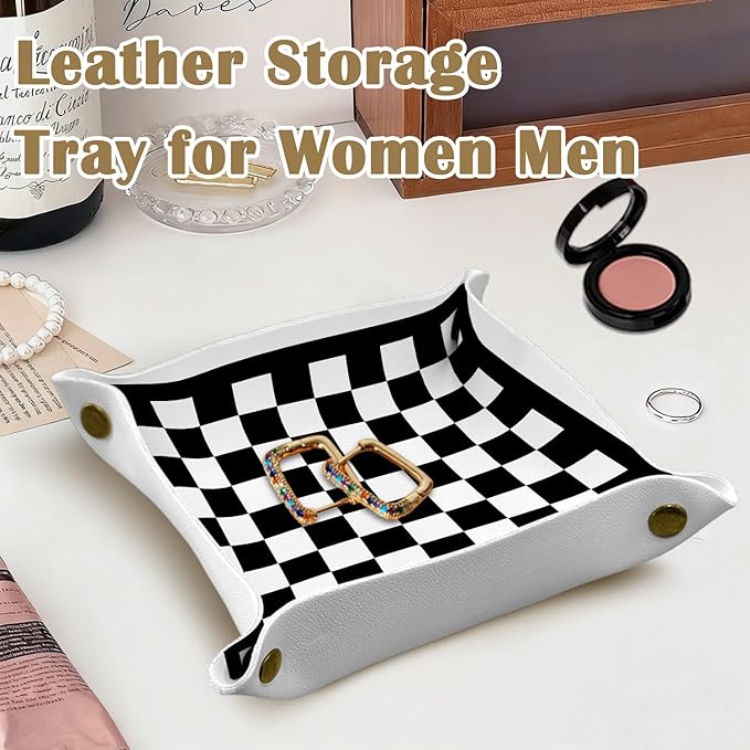 Black and White Checkered Jewelry Valet Tray for Men, Checkered PU Leather Catchall Beside Caddy Nightstand Organizer Tray for Jewelry Rings Watches and Accessories, 7.87x7.87in