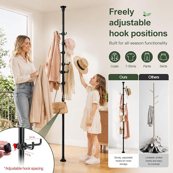 Coat Rack Freestanding, 56 to 125 inch Adjustable Tension Rod Hanger with 12 Hooks for Hanging Coat, Plant,Jacket, Hat, Scarf, Suitable for Living Room, Balcony, Kitchen Black