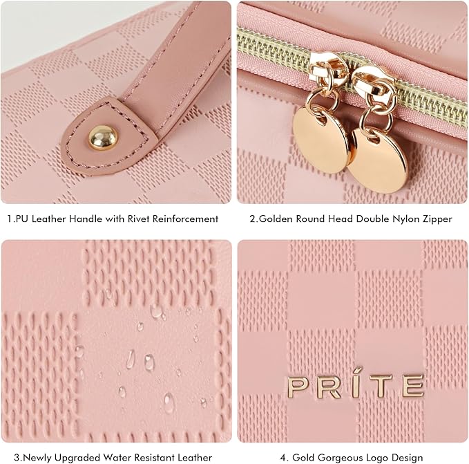 Prite Makeup Bag for Women Travel Waterproof Vegan Leather Cosmetic Bag Open Flat Toiletry Bag With Clear Divider and Handle (Plaid Pink, Medium)