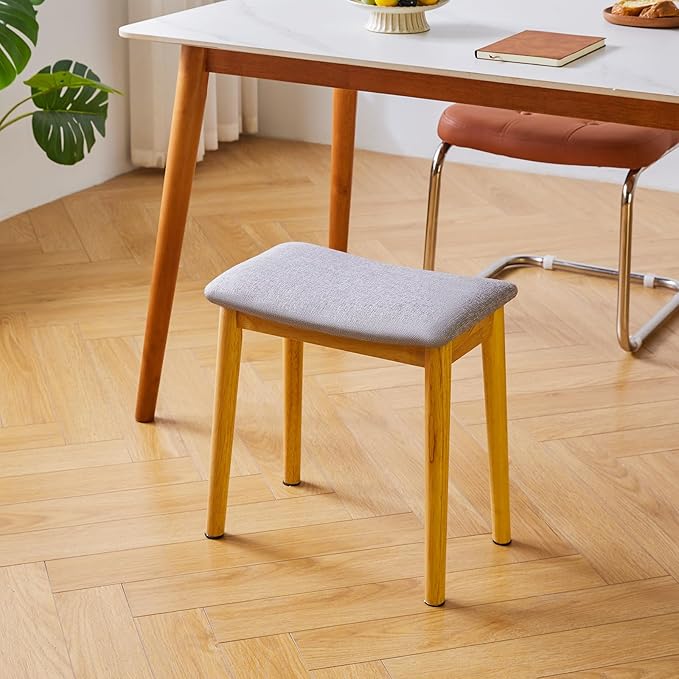 IBUYKE Saddle Cushion Vanity Stool Chair, Foot Rest Stool with Solid Wood Legs, Modern Vanity Bench Ottoman for Piano, Upholstered Seat for Bedroom, Entryway, Wooden Legs&Light Linen WBD007NY