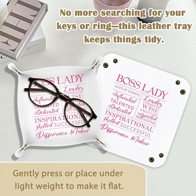 Boss Lady Gifts Leather Jewelry Valet Tray, Best Boss Gifts for Women PU Leather Catchall Beside Caddy Nightstand Organizer Tray for Jewelry Rings Watches Keys and Accessories, 7.8x7.8inch