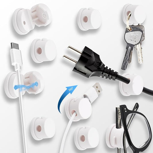 10-Pack 360° Rotatable Magnetic Cord Organizer Clips with Acrylic Adhesive - for Desk, Car, Home & Office | No Residue Springless Design | Strong Hold Cable Management for Chargers & Wires (White)