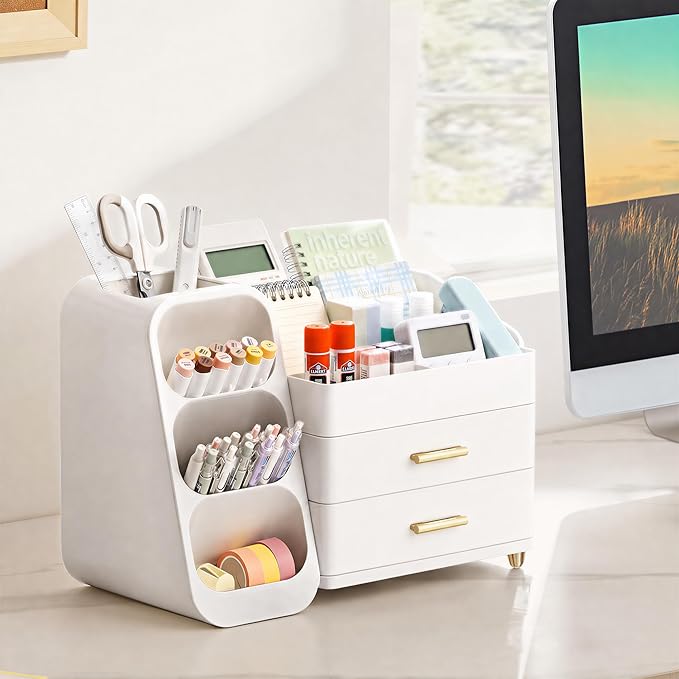 HBlife Desk Organizer with Pen Pencil Holder for Desk, Pen Organizer with 2 Drawers, Desk Organizers and Accessories with 4 Compartments, Desktop Storage for Office Home School Art Supplies, All White