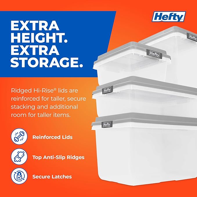 Hefty 40 Qt Hi-Rise Storage Bin with Lid, Stackable Plastic Storage Container, Organizer for Home, Garage & Closet, 6 Pack, Gray