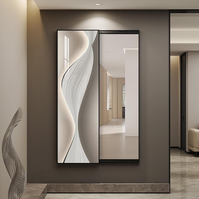 Framed Sliding Full Length Wall Mounted Mirror, Large Vertical Modern Abstract Full Body Mirrors for Wall Decor Living Room, Minimalist Elegant Silver White Mirror Wall Art for Bedroom, Hallway