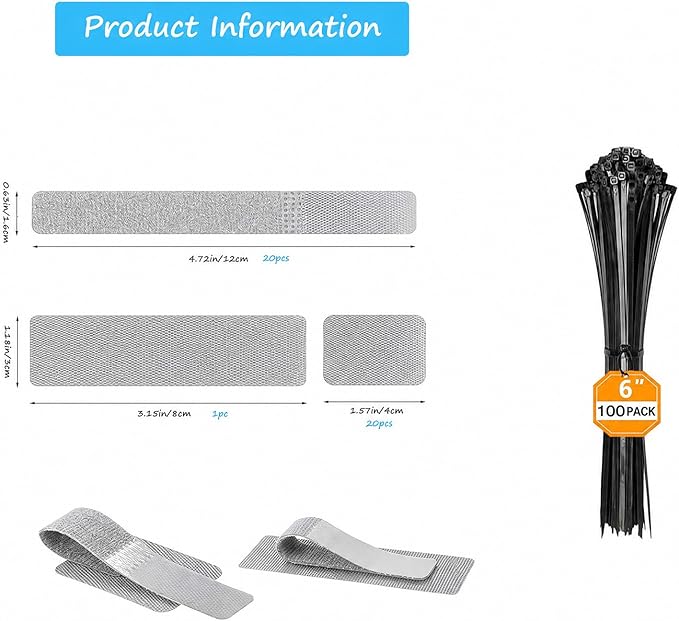 Under Desk Cable Management Set - 20 Pair Adjustable Hook and Loop Cable Ties with Adhesive Backing + 100 Pack 6 Inch Zip Ties, Complete Cord Organizer Kit for Home Office Desk Wire Management (Grey)