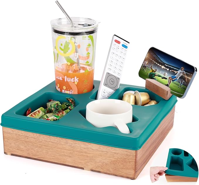 Couch Cup Holder Tray, Silicone Wooden Couch Caddy with Cup Holder for Snacks, Drinks, Remotes, Waterproof Cup Holder for Couch, Organizer, Couch Drink Holder
