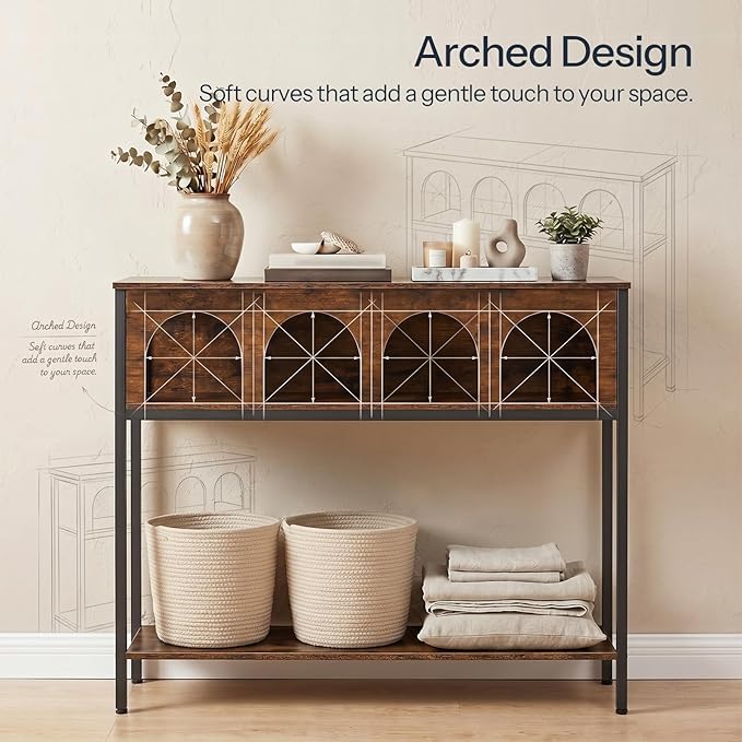 HOOBRO Modern Console Table, Entryway Table with 3-Tier Storage, Narrow Sofa Table Behind Couch with Arched Design for Living Room, Entrance, Hallway, Rustic Brown and Black BF106XG01