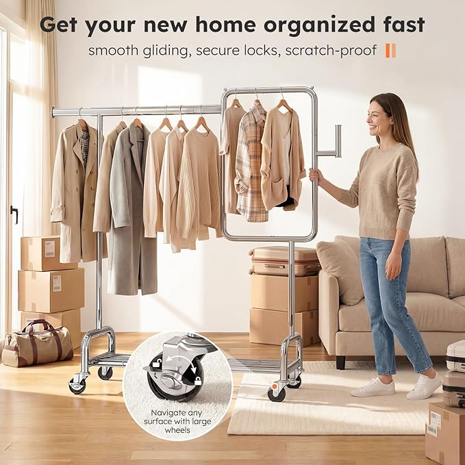SOLEDI Heavy Duty Partitioned Clothes Rack, 600 LBS Load Metal Garment Rack with Shelves & Lockable Wheels, Rolling Hanging Rack for Bedroom, Laundry Room, Store & Garage (Silver)