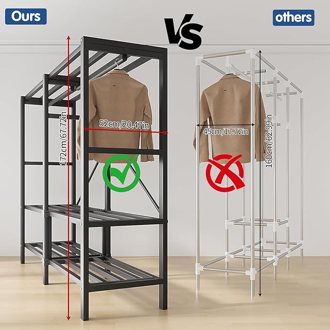 Heavy Duty Covered Clothes Rack with Magnetic Door Foldable Portable Wardrobe Closet for Hanging Clothing Rolling Black Metal Garment Rack on Wheels Closet System (Dragon Sandalwood, 65.9in)