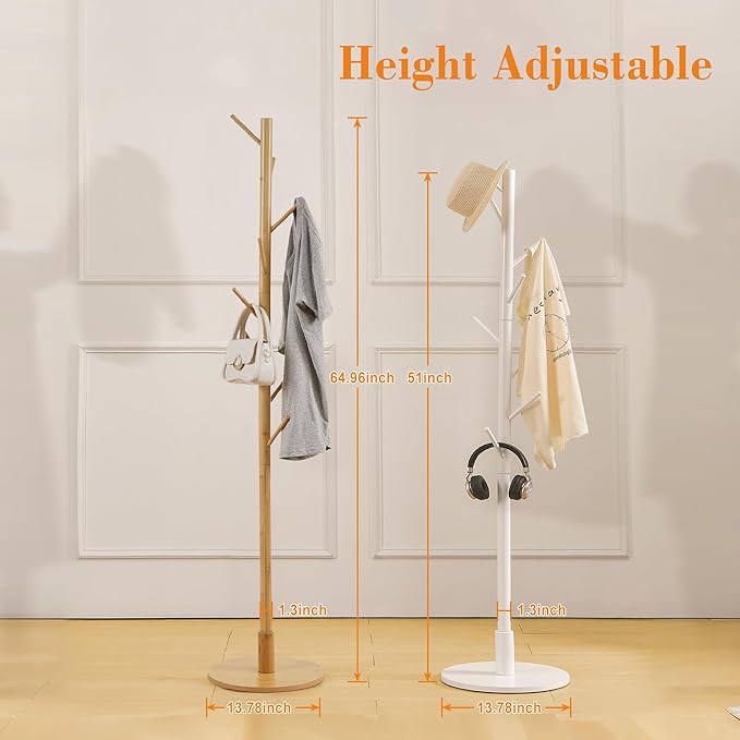 VECELO Coat Rack Freestanding, Entryway Hanger Stand, Umbrella Holder, Hall Tree With Hooks, Floor Standing Metal Tree Stand,Light Wood