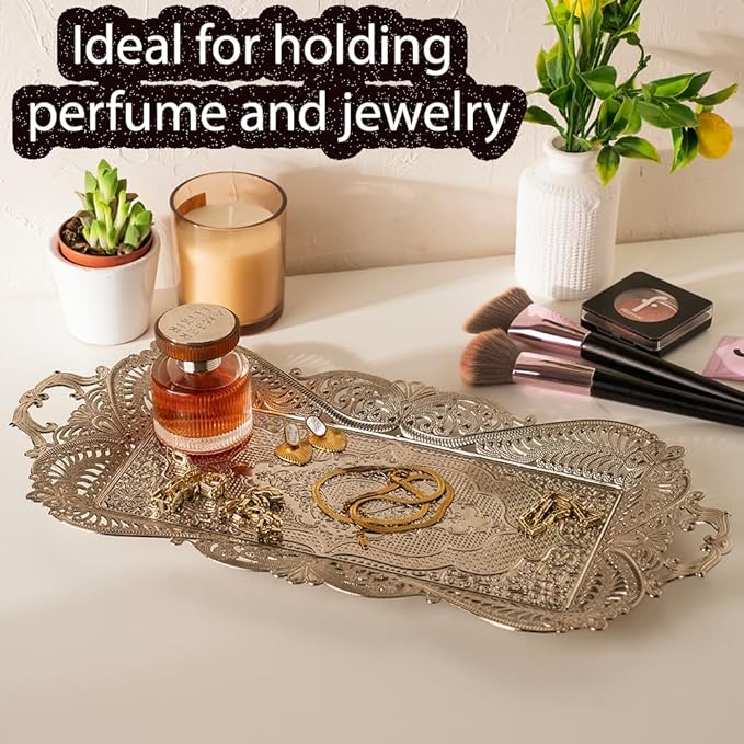 Small Silver Turkish Metal Coffee Tea Serving Tray Table Home Decor Decorative Handles - Fancy Vintage Brass Mini Rustic Retro Wedding Antique Style Traditional Counter Kitchen Tray