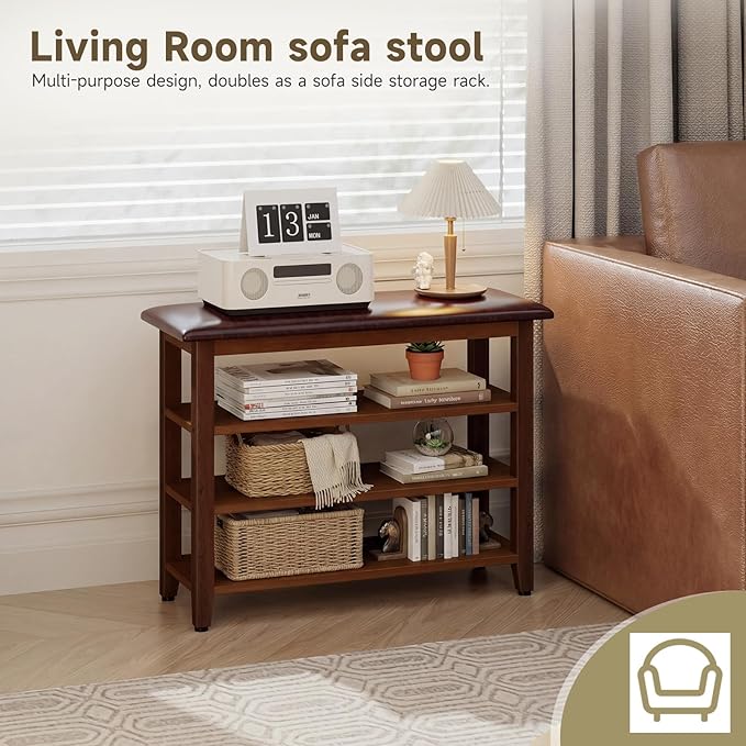 Shoe Bench with Leather Cushion,Wood Bench with Shoe Rack,3-Tier Shoe Storage Organizer for Entryway,Hallway,Living Room (3-Tier-31.5", Rubberwood)