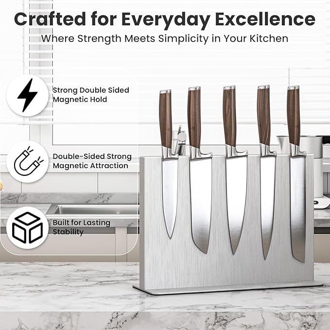 THMINS Magnetic Knife Block Stainless Steel Double-Sided Magnetic Knife Holder, Universal Multi-function Display Rack for Kitchen Counter