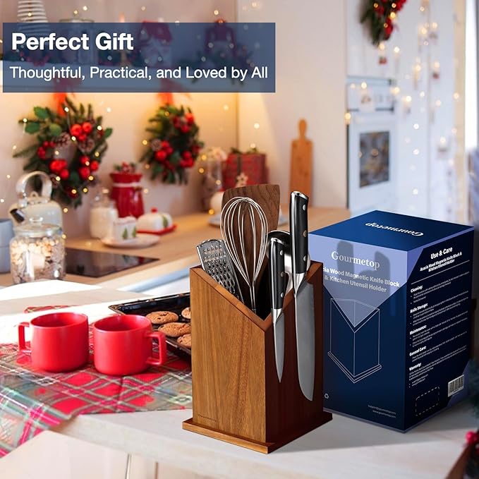 2026 Upgraded Magnetic Knife Holder for Countertop, Double-Sided Acacia Wood Magnetic Knife Block Without Knives, Universal Knife and Utensil Holder for Kitchen, Stronger Magnets of Kitchen Organizer