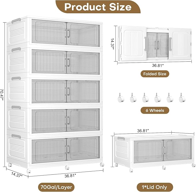 Extra Large Stackable Storage Bins with Lid, 350Gal/1750QT Foldable Collapsible Storage Box with Doors, Wheels and Drawers, Plastic Closet Organizer Container for Kitchen, Bedroom, Dorm, 5Pack