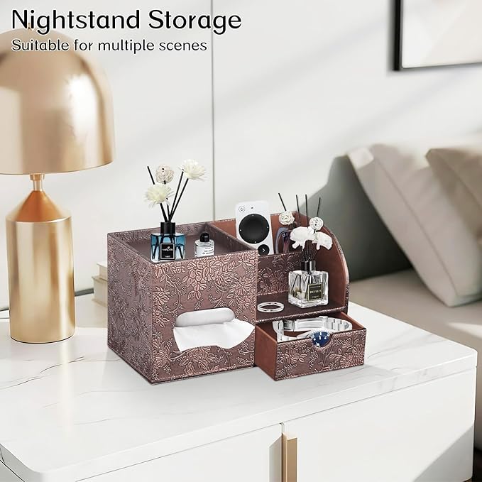 Square Tissue Box Cover with Drawer Storage and Tray on Top, PU Leather Tissues Cube Boxes Holder, Modern Nightstand Organizer Caddy, Remote Control Holder for Bathroom, Bedside, Office, Home