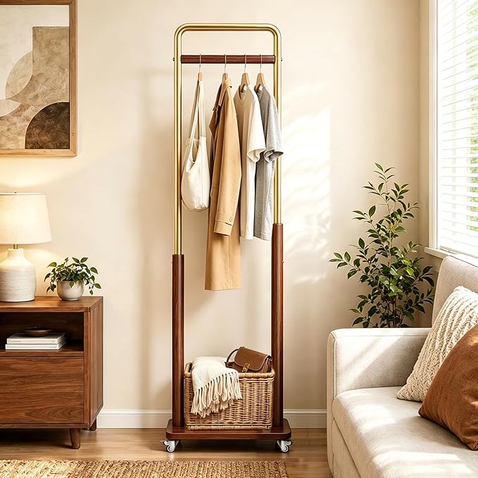 Taitiy Clothes Rack Solid Wood Coat Rack, Metal and Solid Wood Combination Clothing Rack with Wheels for Entryway, Bedroom, Living Room, Coat Racks Freestanding for Hanging Clothes Garment Scarf