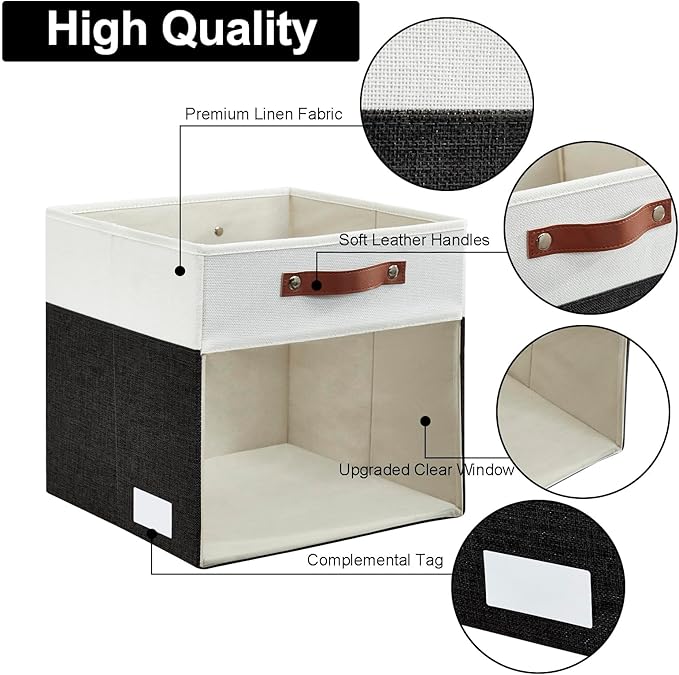 Bagnizer Storage Cubes, 4 Pack Linen Foldable Storage Bins with Clear Window and 2 Handles, 13x15x13 Storage Cube Bins for Shelf Closet, Kallax, Clothes, Books - (Black / Off-White)