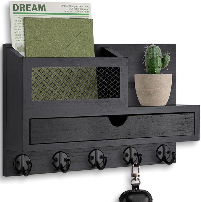 Key Holder Wall Mount, Key Holder for Wall with 5 Key Hooks and Storage Drawer Mail Organizer for Entryway Living Room Farmhouse Home Decor
