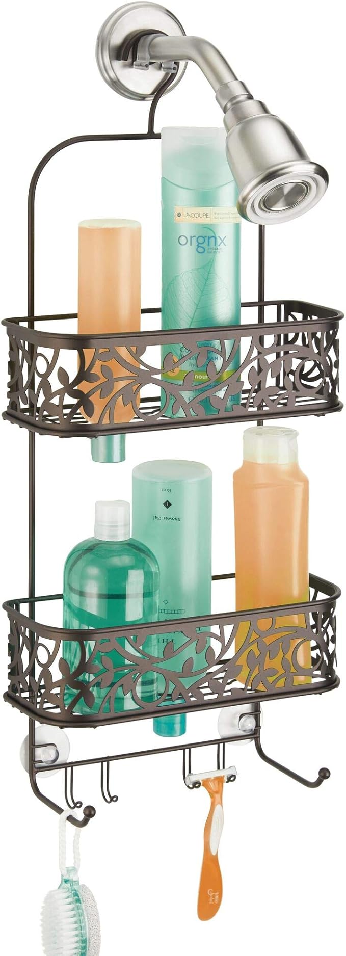 iDesign Vine Metal Wire Hanging Shower Caddy, Extra Wide Space for Shampoo, Conditioner, and Soap with Hooks for Razors, Towels, and More, 10.5" x 4.5" x 25"