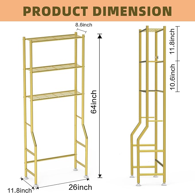 Livilord 3-Tier Over The Toilet Storage Rack, Space Saver Metal Bathroom Shelves, Freestanding Over Toilet Bathroom Organizer for Bathroom/Living Room (Gold)