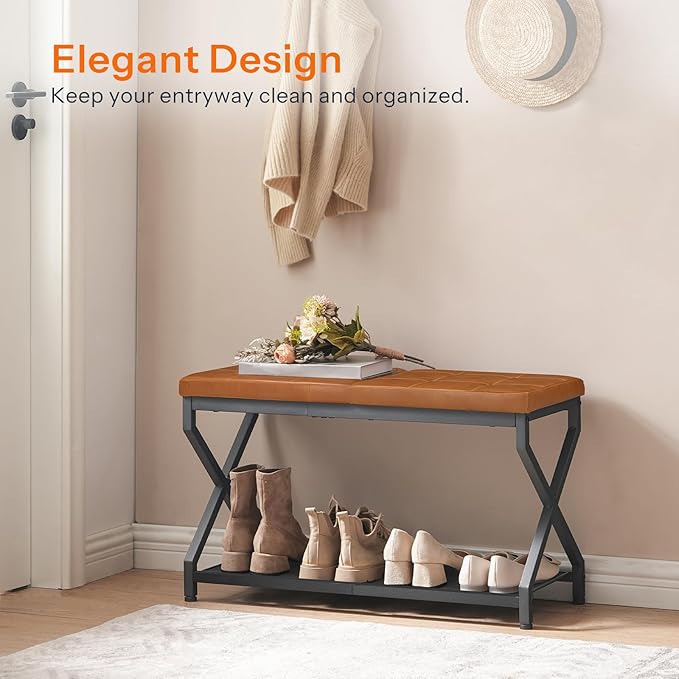 HOOBRO 29.5" Shoe Bench, Entryway Bench with Tufted PU Leather Cushion, Boot-Friendly Shoe Rack Bench Holds 300 lb, Industrial Shoe Storage Organizer for Small Space Front Door, Whiskey Brown CB24HX01